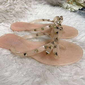 J. Mank Gold Studded Bow Jelly Thong Sandals 8